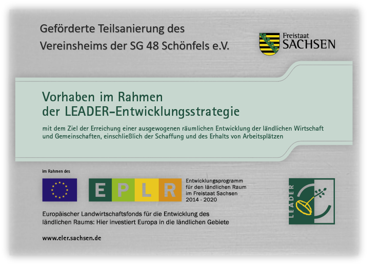 einleitende Grafik zum Leader-Projekt Teilsanierung Vereinsheim SG 48 Schönfels e.V. mit Logos